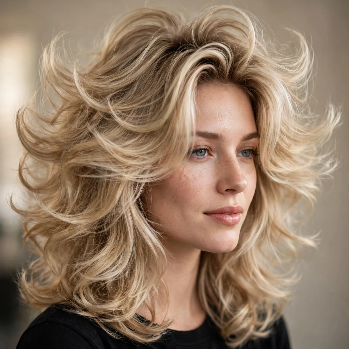 Bouncy blowout with layered hair full of movement for fine hair