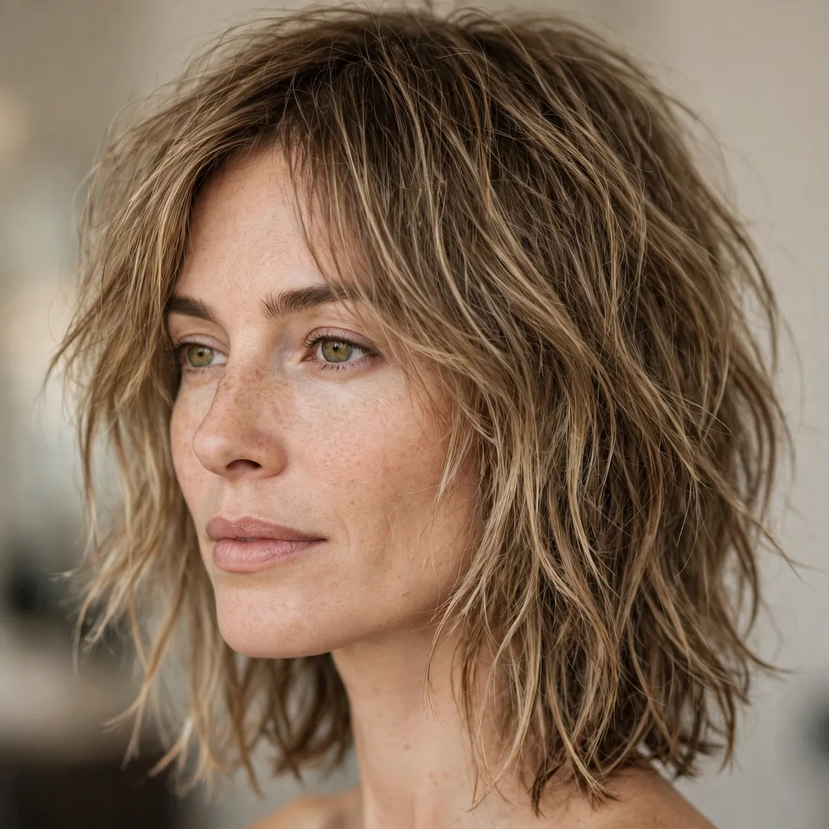 Choppy medium length haircut with lived in texture for fine hair