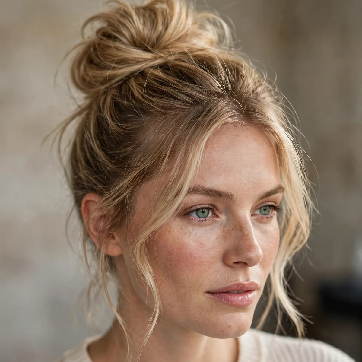 Volumized top knot updo with face framing tendrils for fine hair