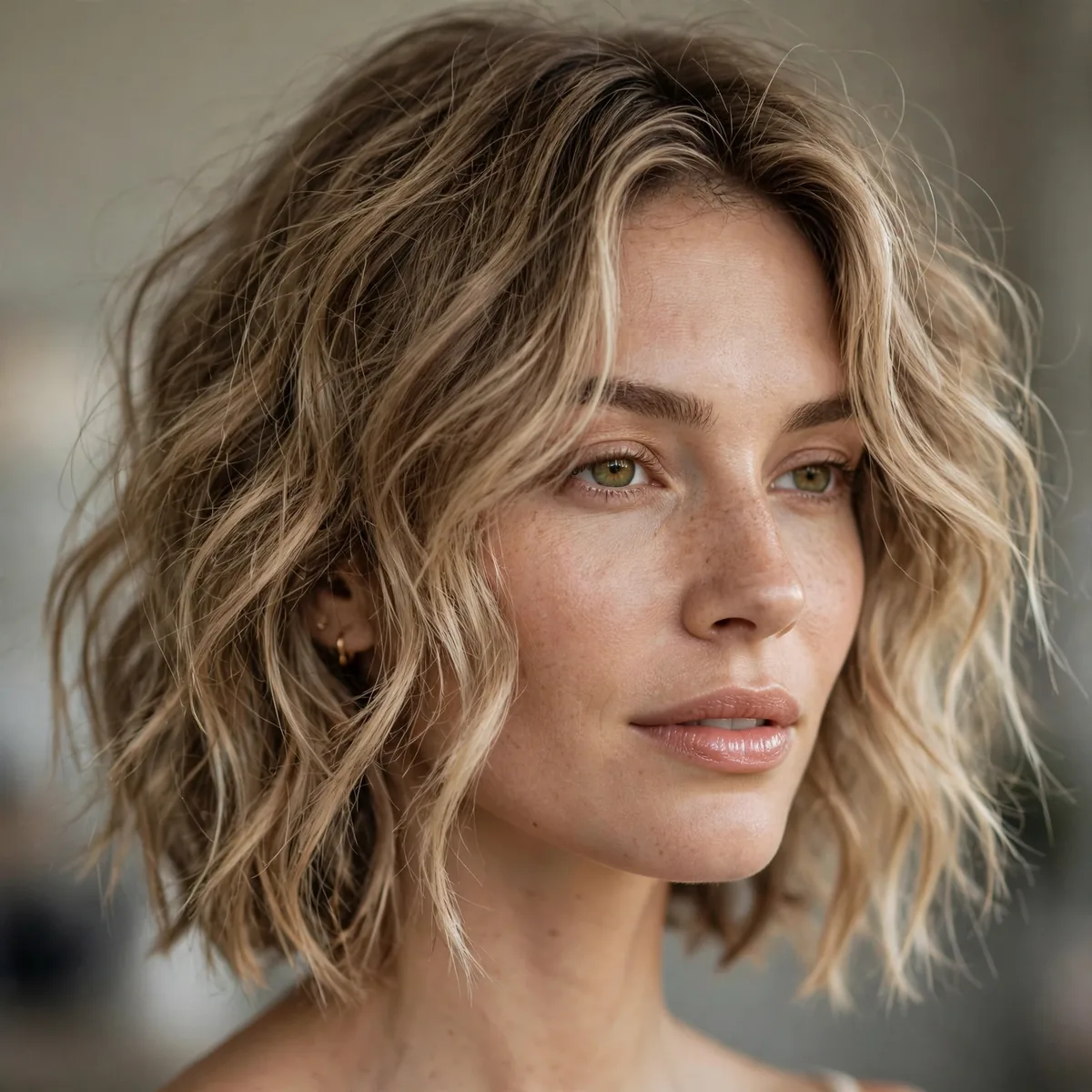 Beachy wavy lob hairstyle with tousled texture for fine hair