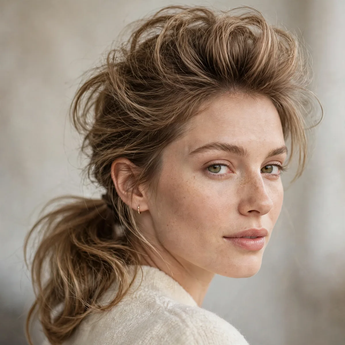 Voluminous low ponytail with teased crown for thin fine hair