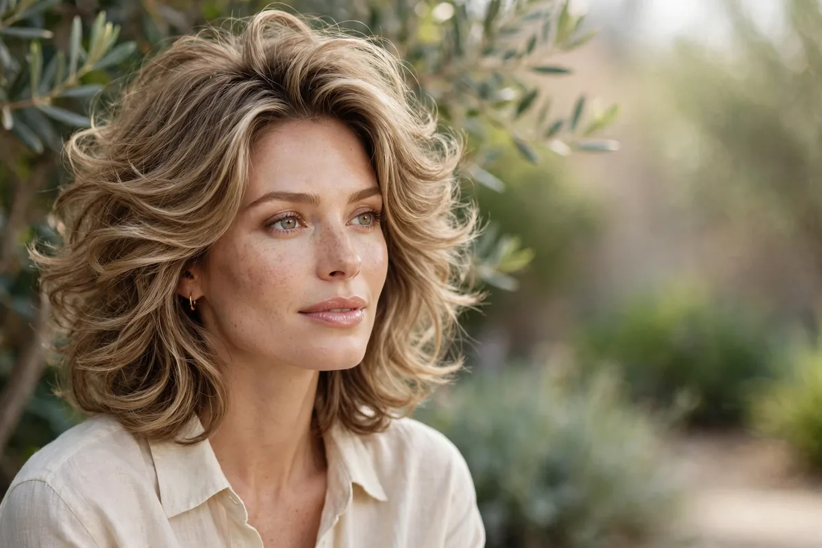 Woman with a voluminous layered lob hairstyle that makes thin fine hair look full and bouncy