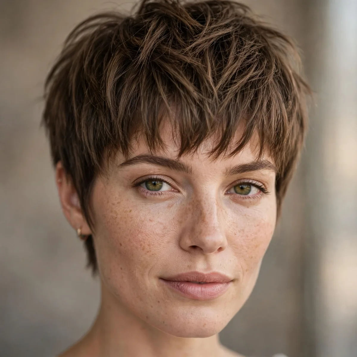 Textured pixie cut styled forward to conceal a receding hairline
