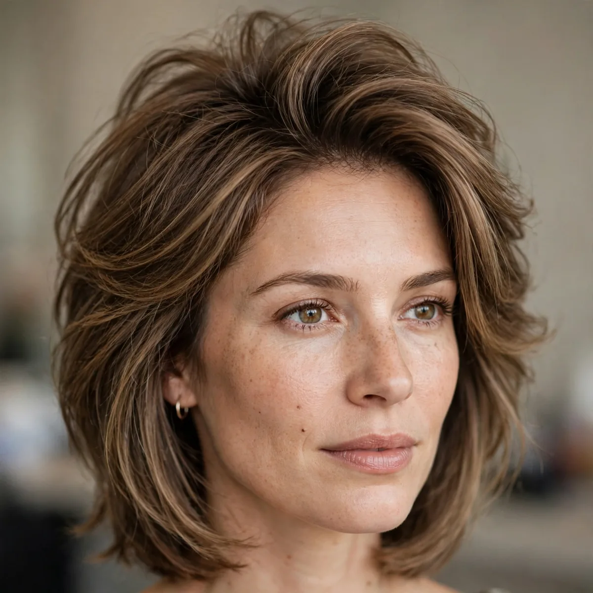 Layered lob with volume at the crown disguising a receding hairline