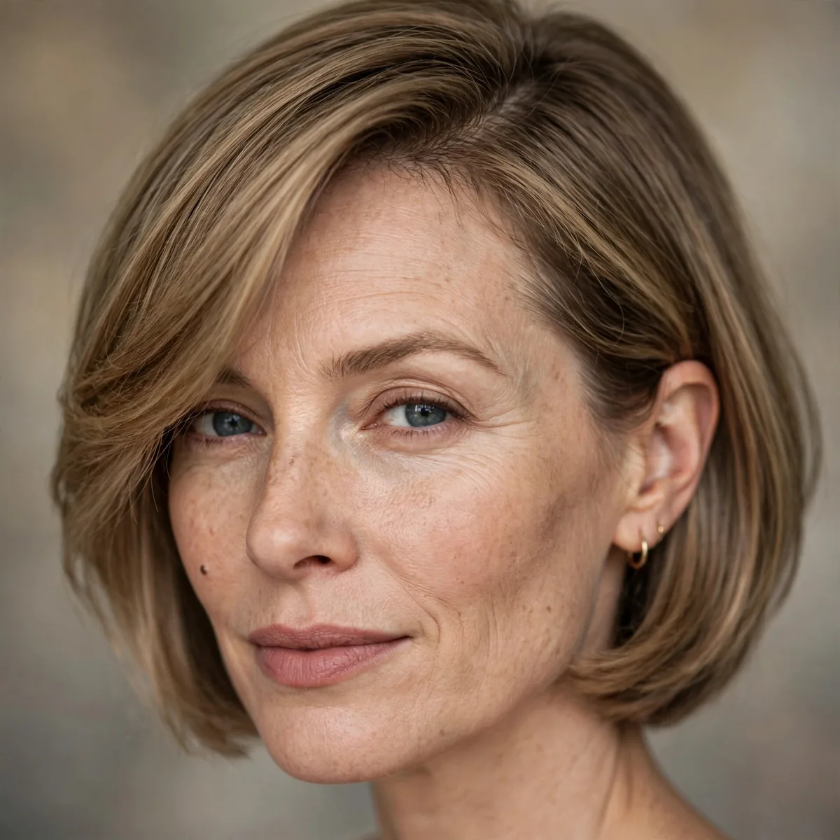 Soft bob haircut with side swept front covering a receding hairline