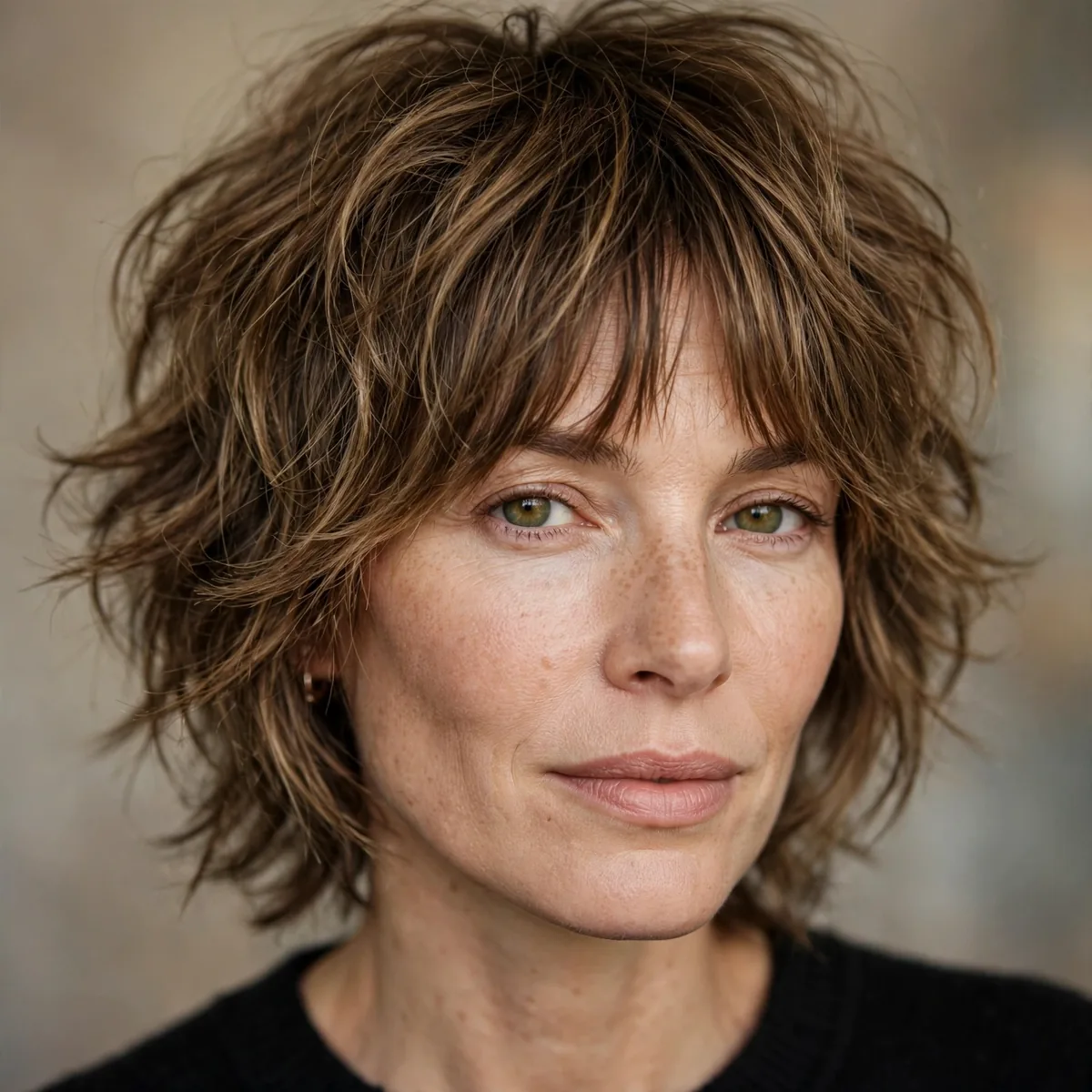Tousled shag haircut with bottleneck bangs covering a receding hairline