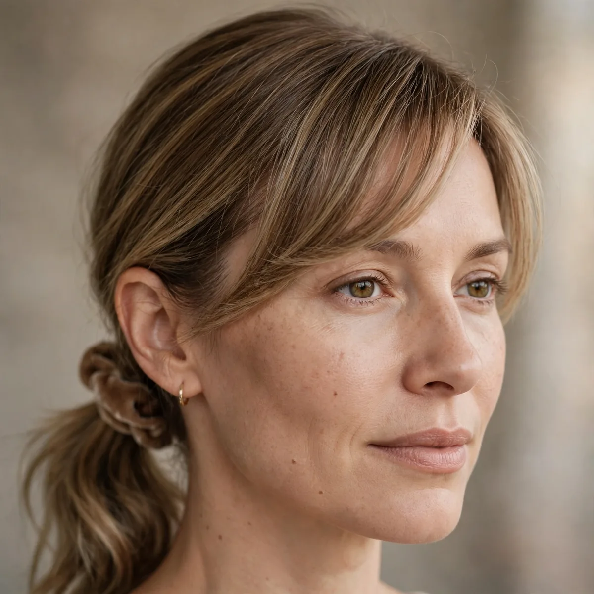 Low side ponytail with swept front hiding a receding hairline