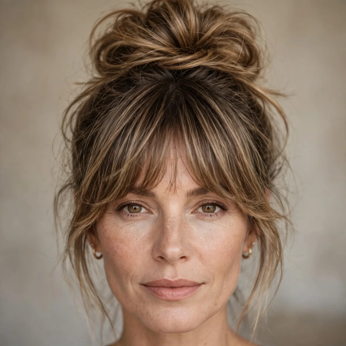 Voluminous top knot updo with bangs concealing a receding hairline
