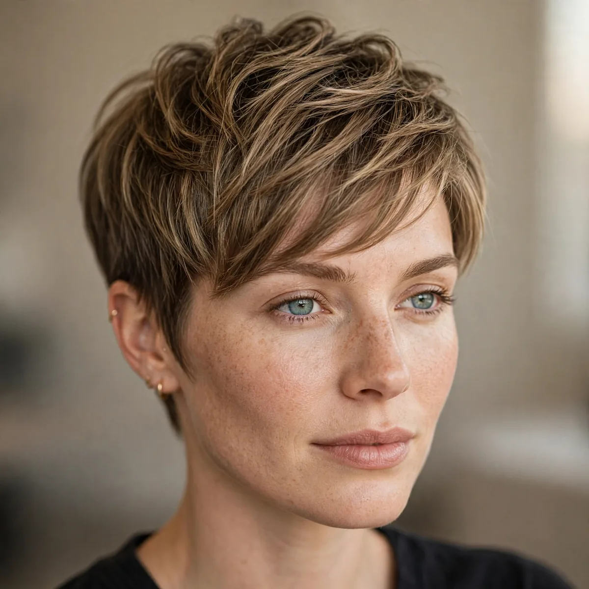 Tapered pixie with long textured top covering a receding hairline
