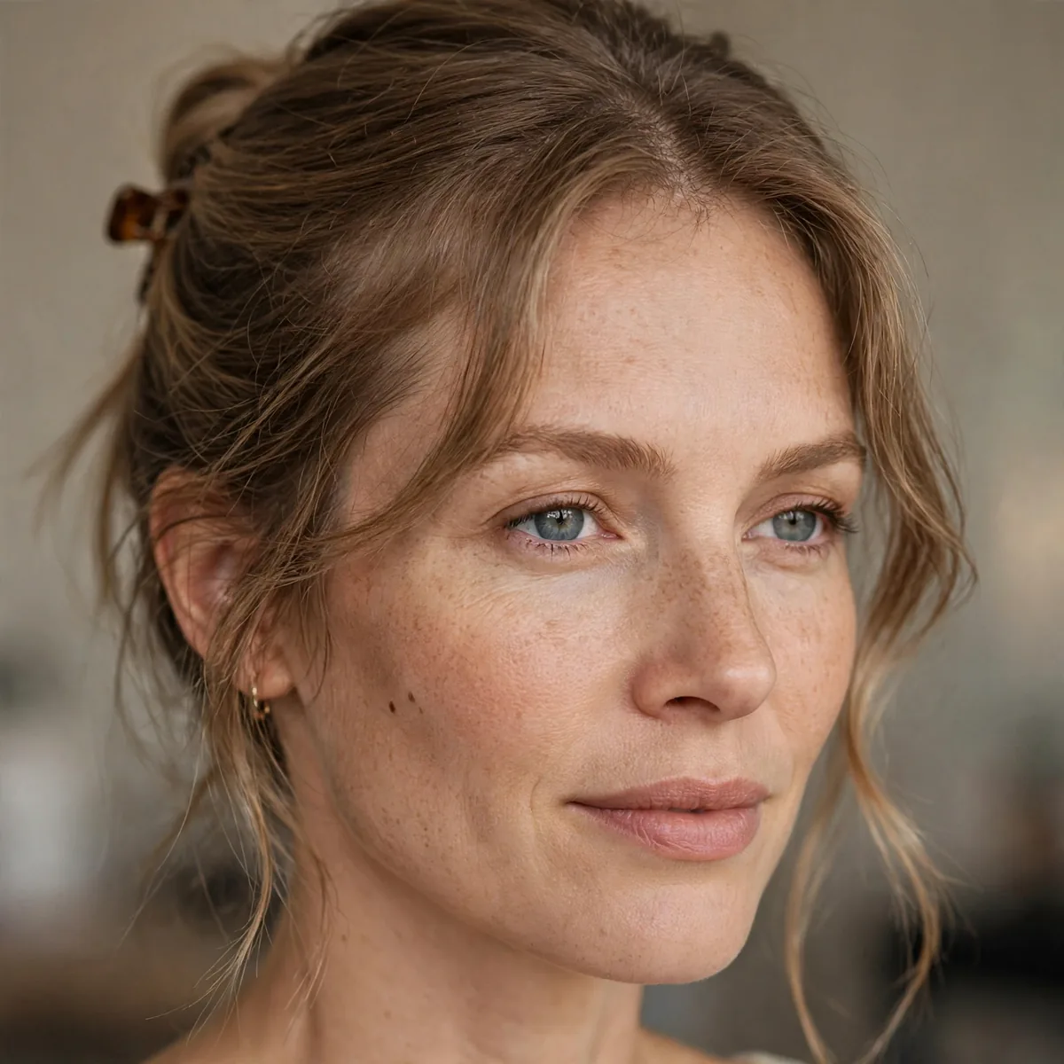 Half up hairstyle with face framing pieces softening a receding hairline