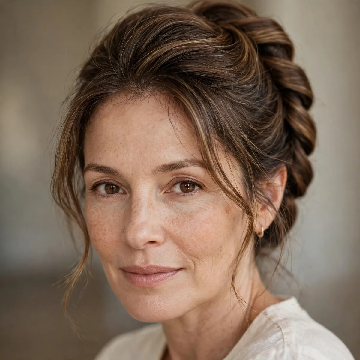 Classic French twist updo with soft front pieces hiding a receding hairline