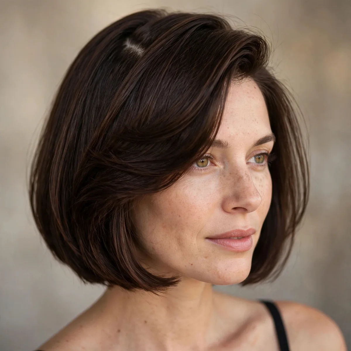 Chin length bob with deep side part disguising a receding hairline