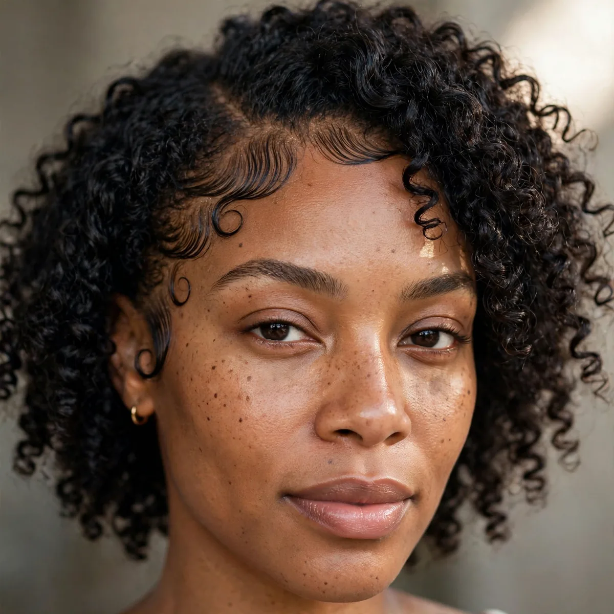 Defined natural curls with styled baby hairs framing a receding hairline