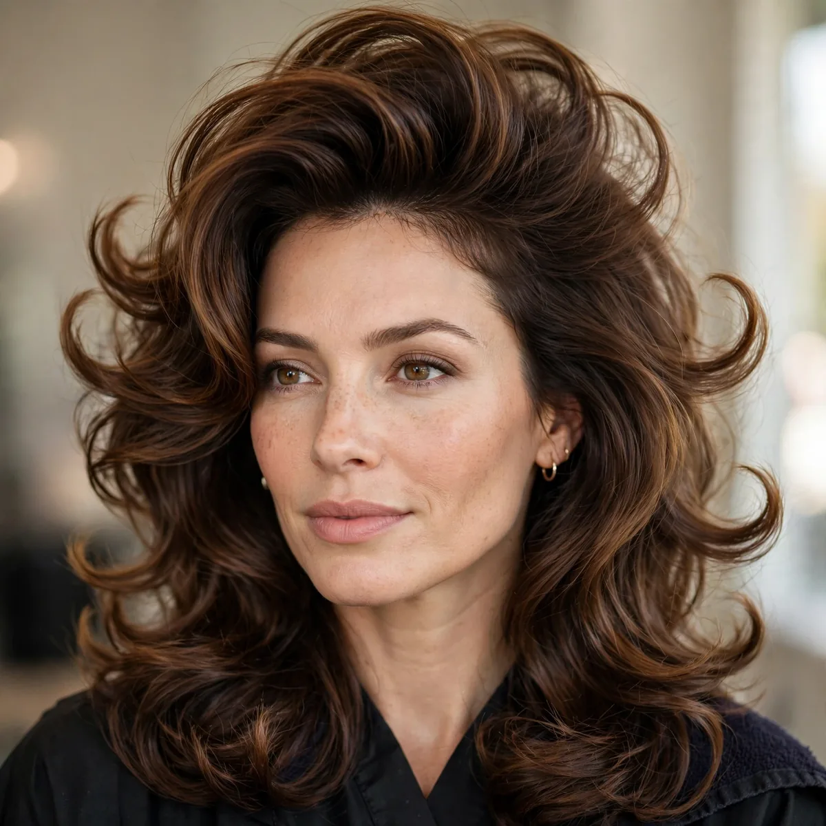 Bouncy blowout with flipped ends and lifted roots hiding a receding hairline