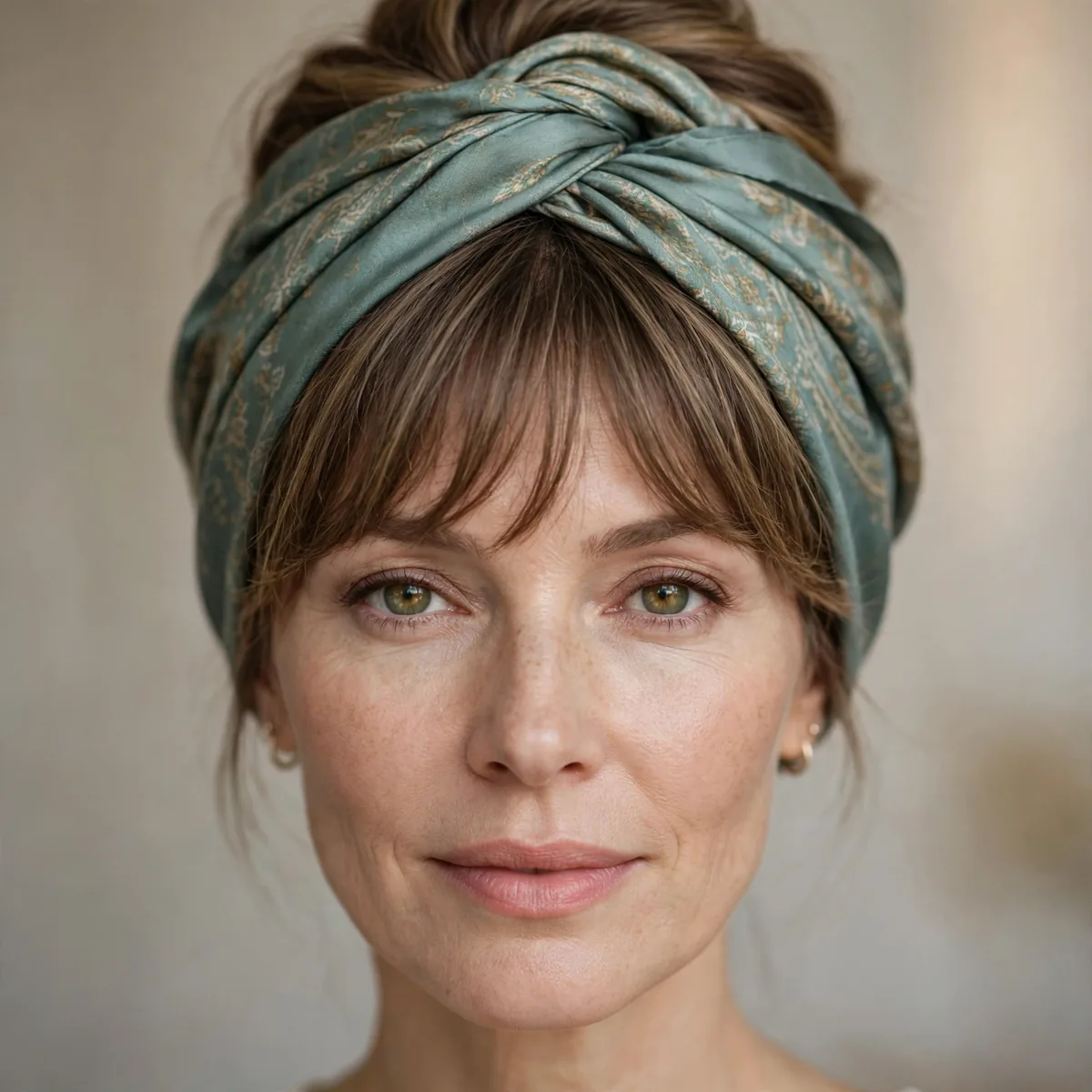 Elegant scarf wrapped updo with bangs concealing a receding hairline