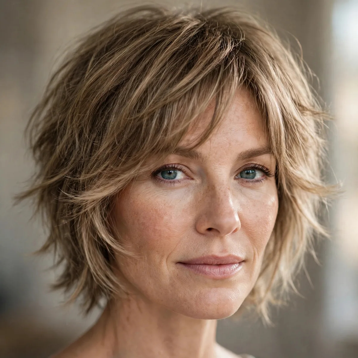 Feathered shag haircut with face framing layers blurring a receding hairline