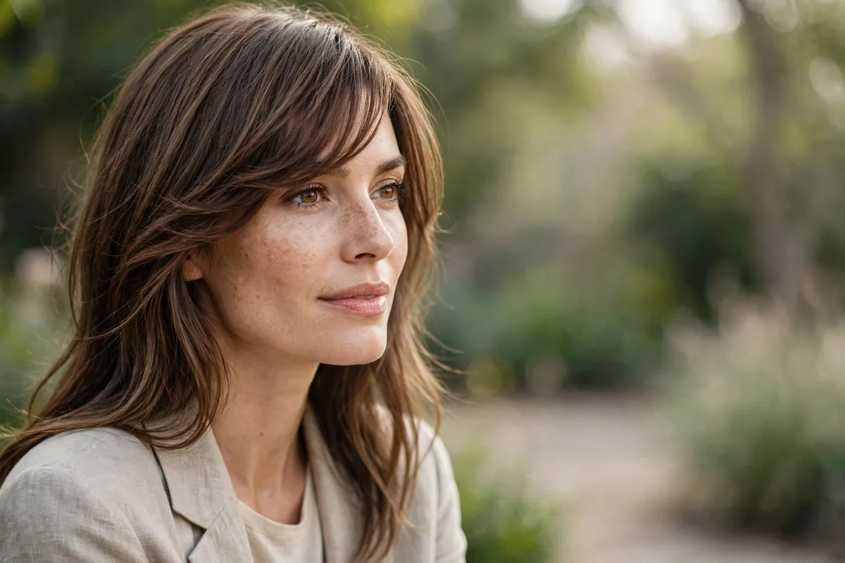 Woman with side-swept bangs hairstyle that elegantly conceals a receding hairline