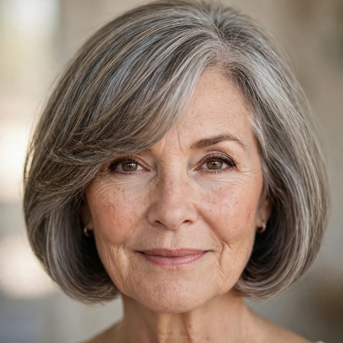 Older woman with soft side swept bangs and a classic bob haircut