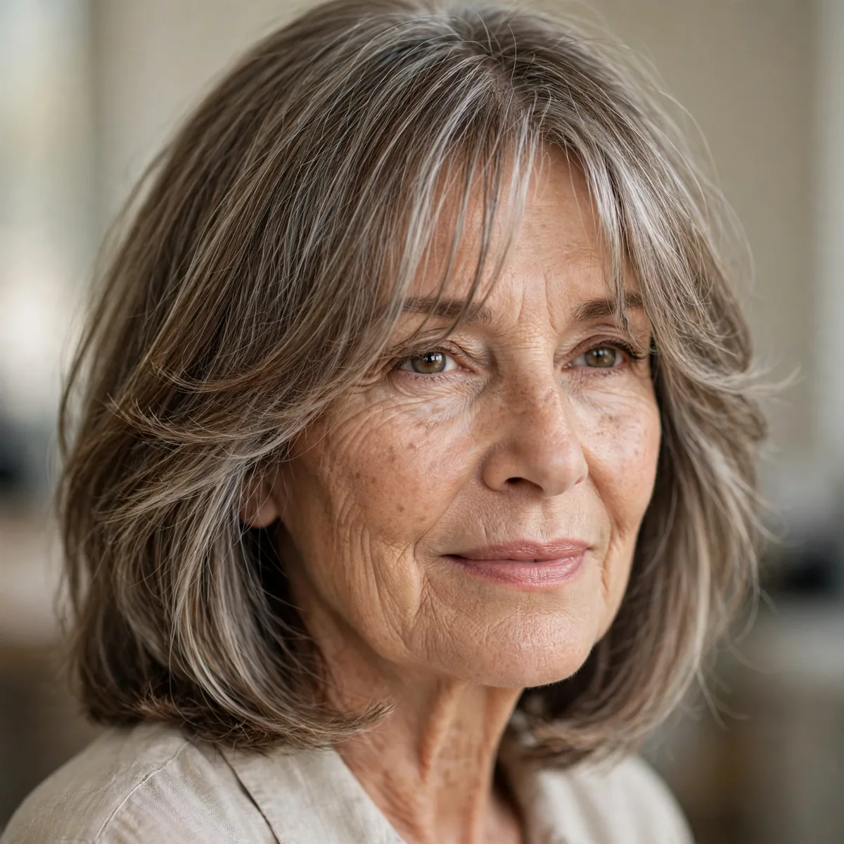 Wispy curtain bangs with a shoulder length lob on an older woman