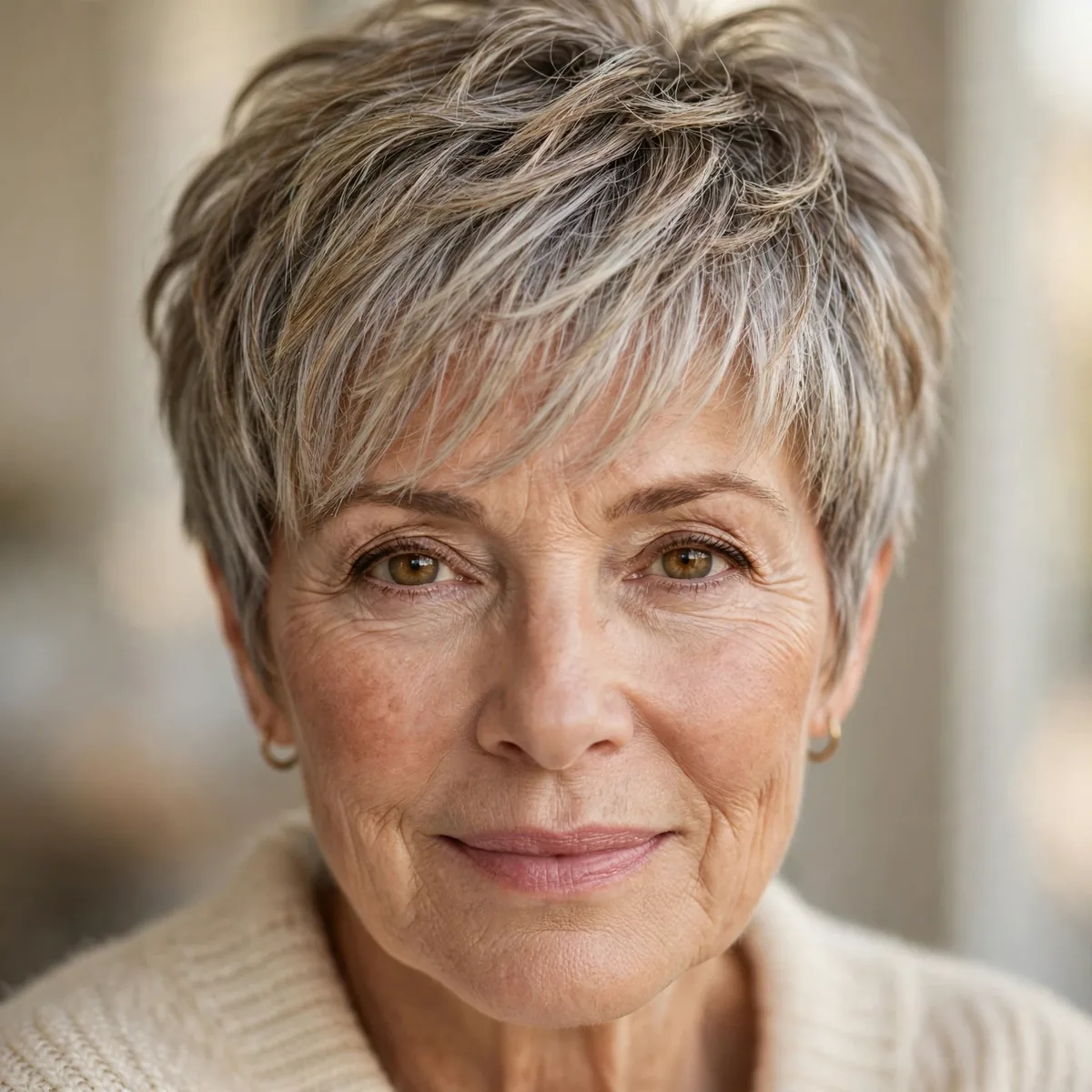 Feathered fringe pixie haircut on an older woman with textured layers