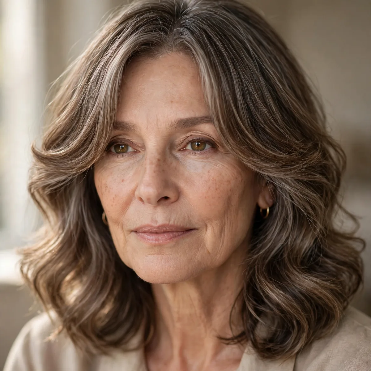 Long curtain fringe with soft waves on an older woman with medium hair