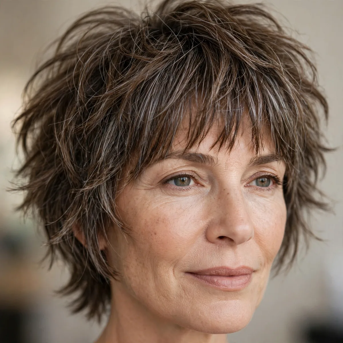 Textured bangs with a modern shaggy haircut for women over fifty