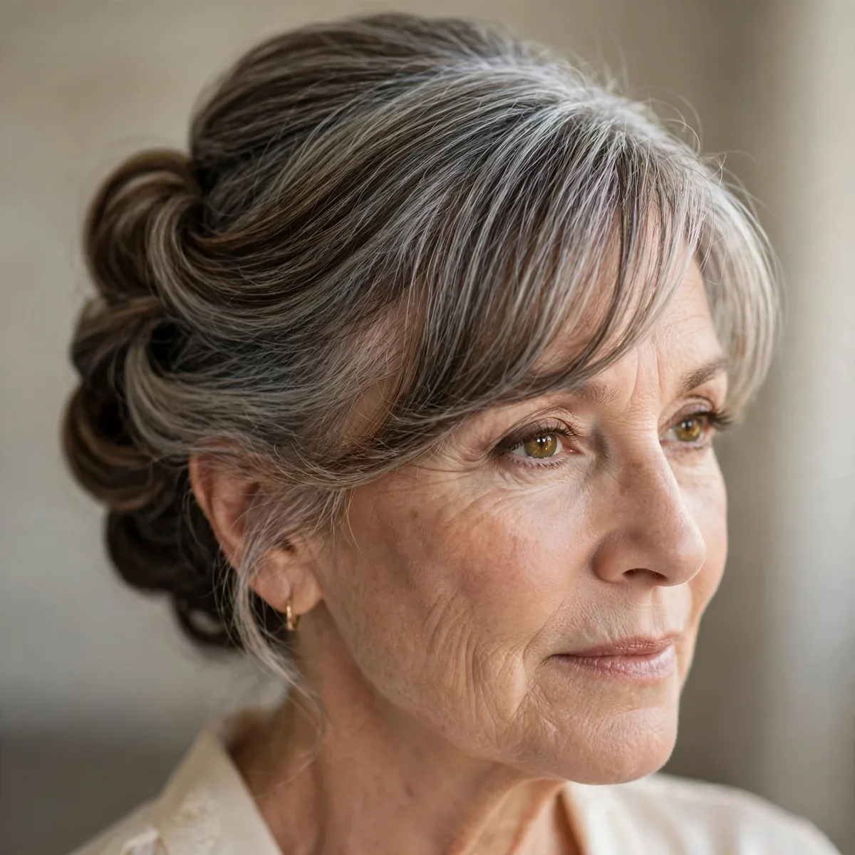 Side part bangs with an elegant updo hairstyle for an older woman