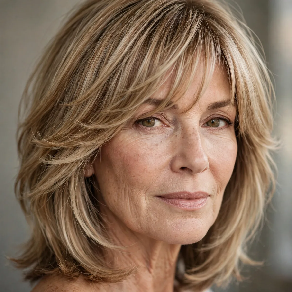 Feathered bangs with shoulder length layered hair for mature women