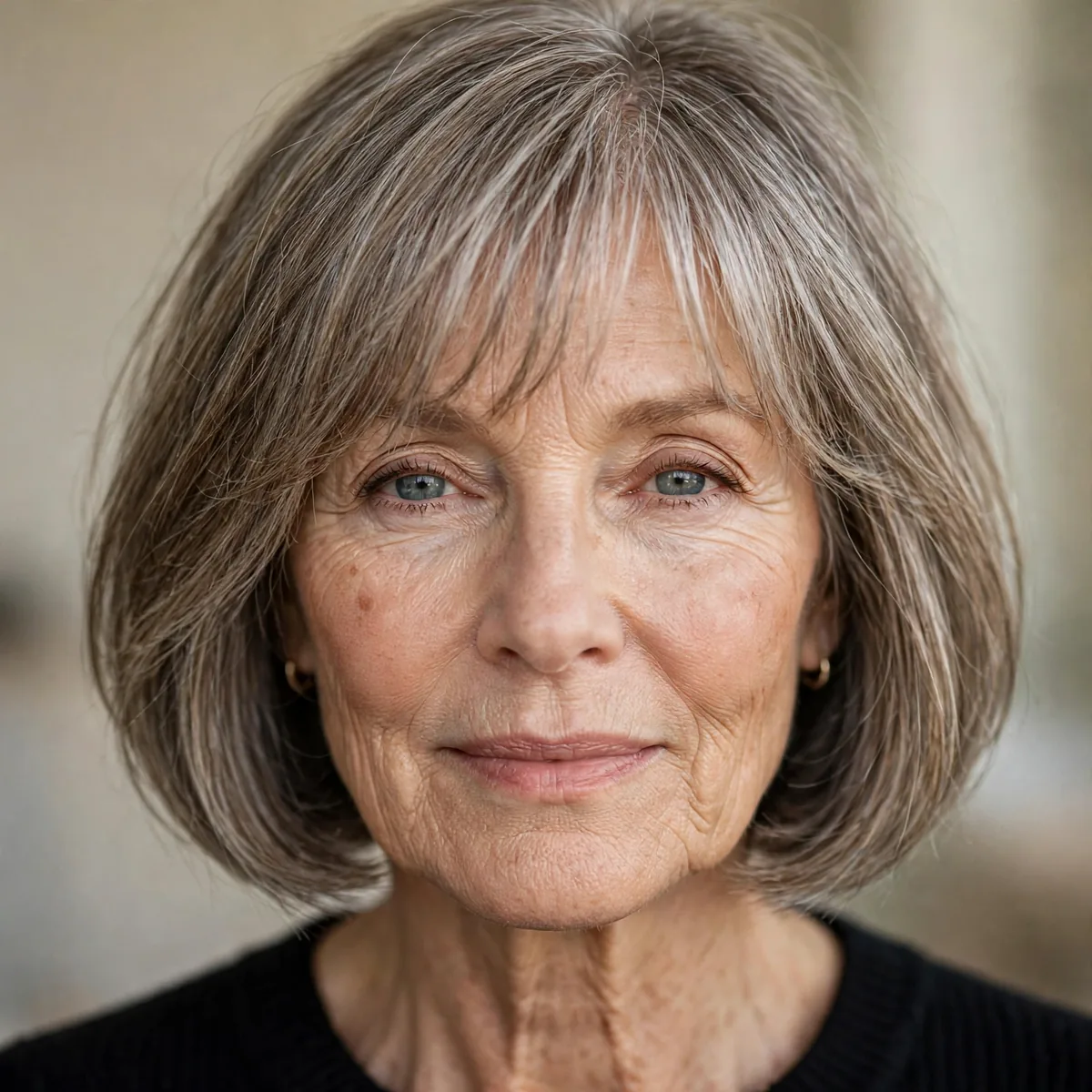 Wispy bangs with a chin length French bob on an older woman