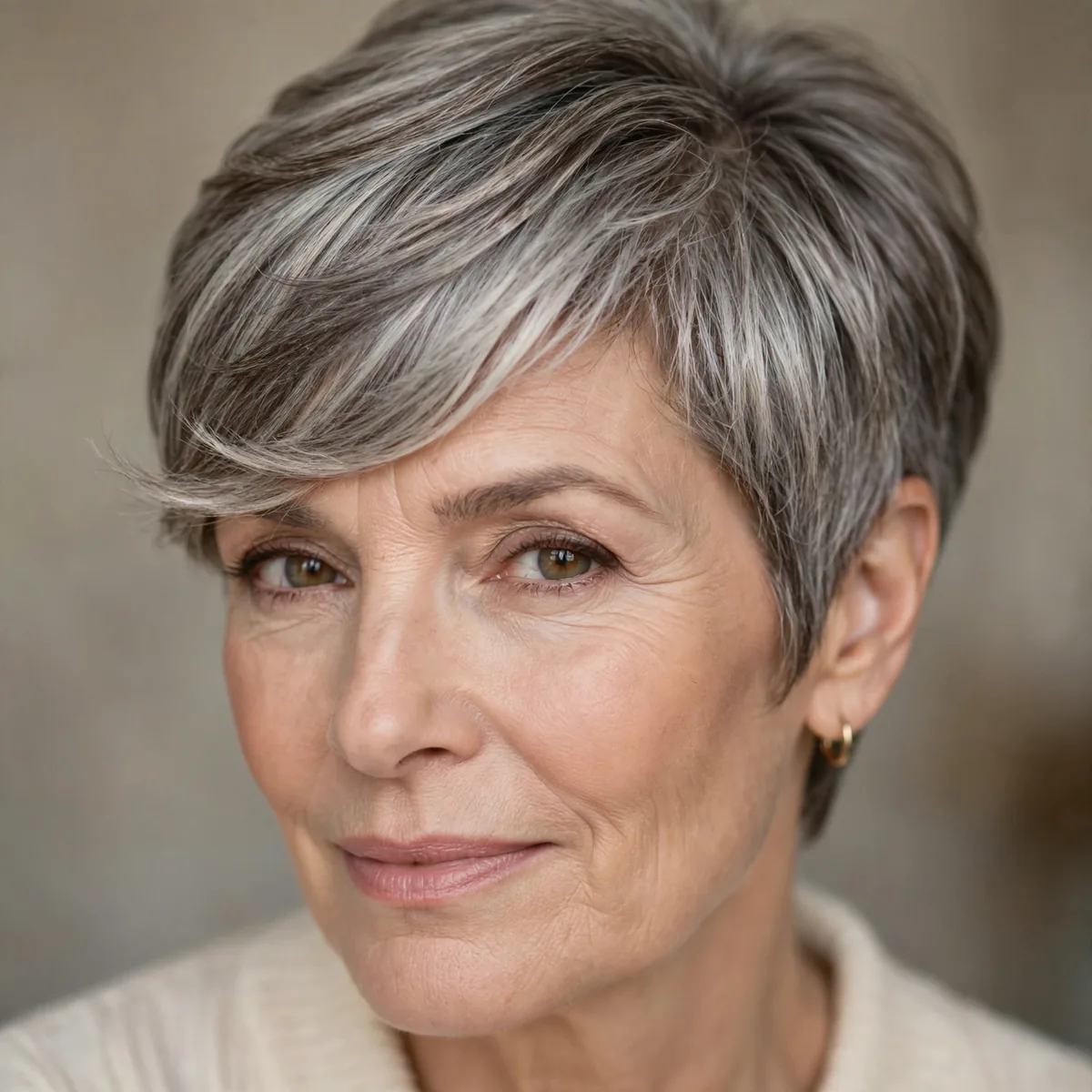 Swooping side bangs with a pixie bob haircut for older women