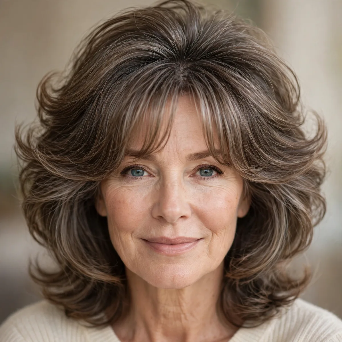 Curtain bangs with a voluminous blowout hairstyle for mature hair
