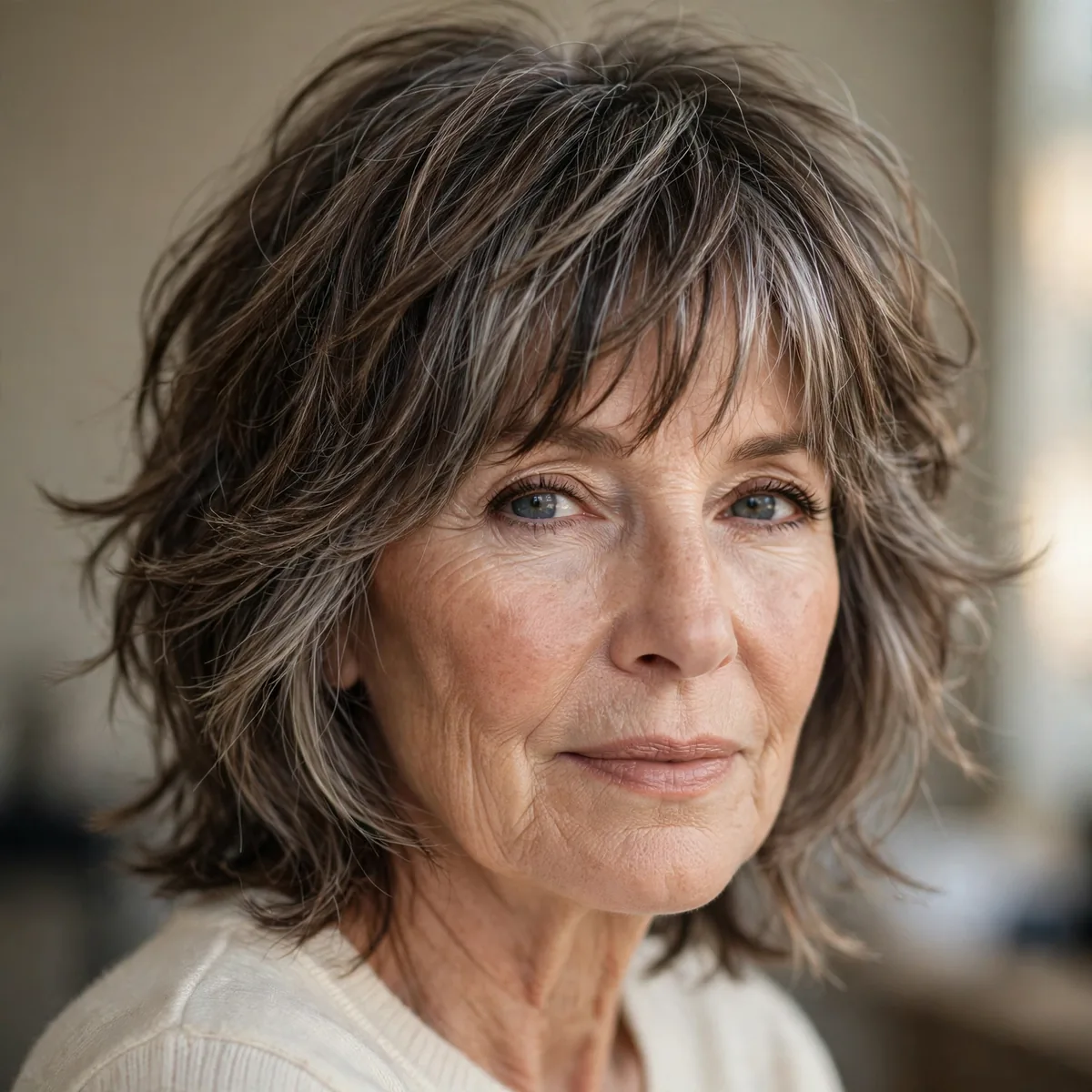 Piecey fringe with a layered lob haircut for women over sixty