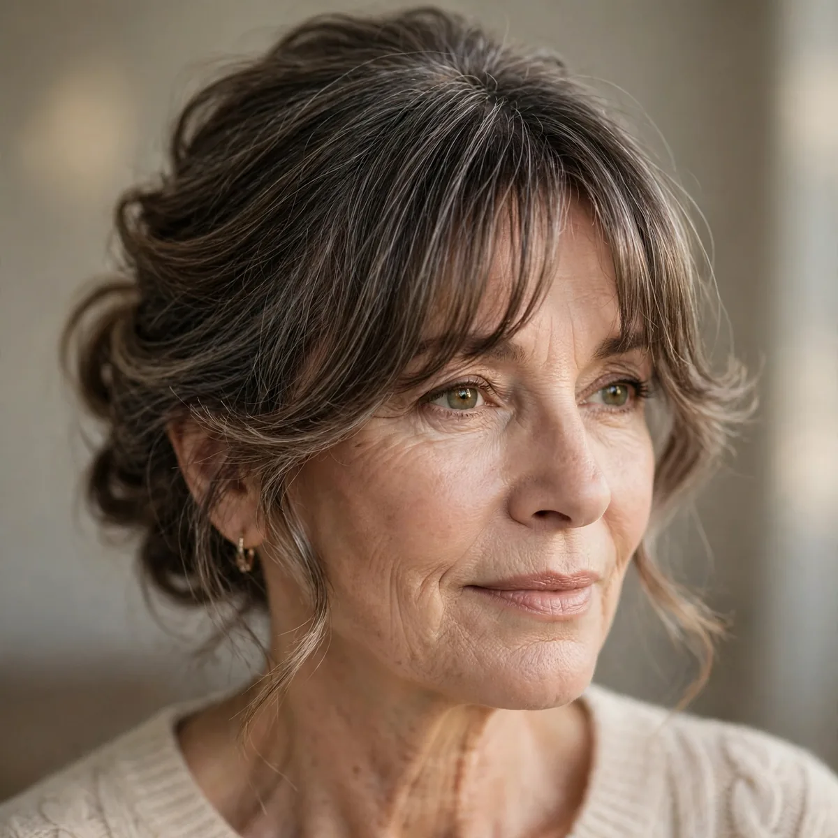 Feathered curtain bangs with a soft updo for an older woman