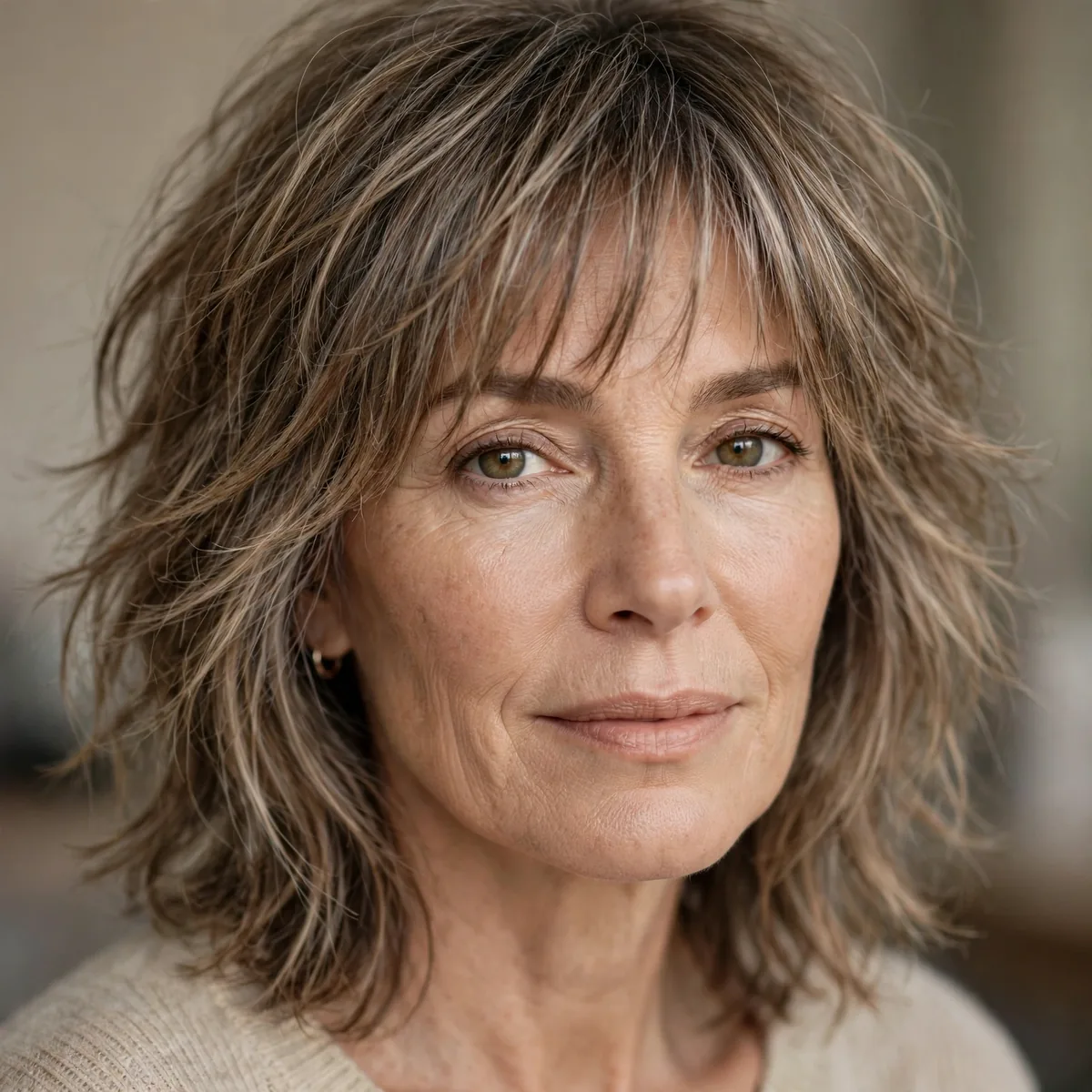 Wispy fringe with a shoulder length shag haircut for mature women