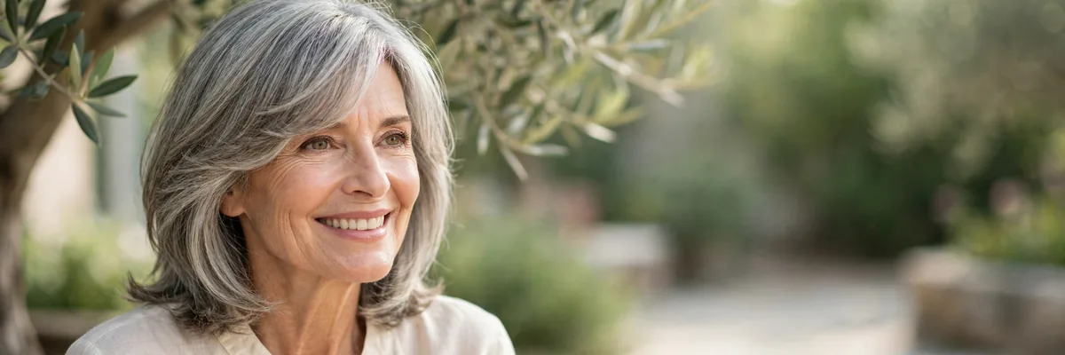 Older woman with soft side-swept bangs and a layered haircut looking radiant