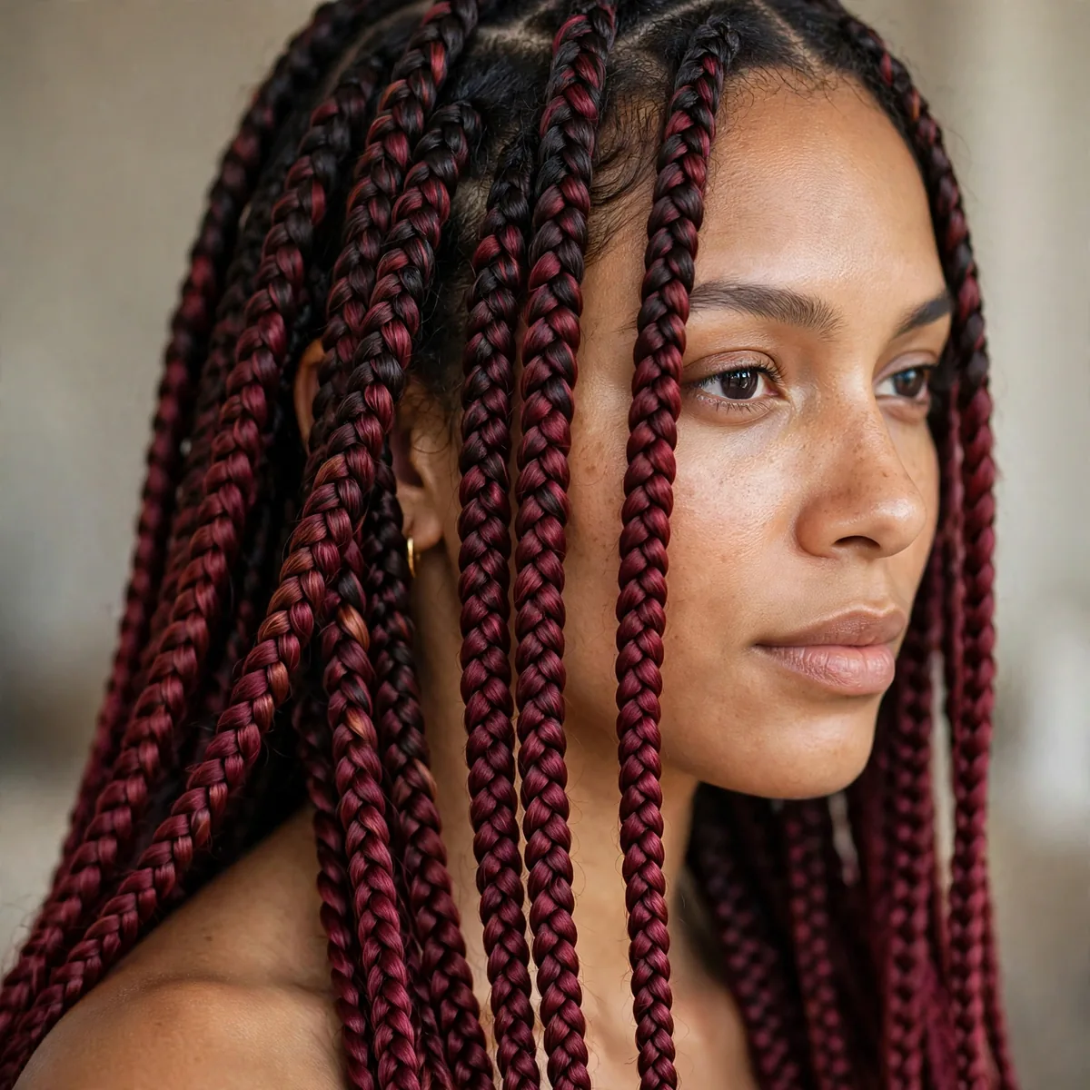 Long box braids with burgundy balayage color melting from dark roots