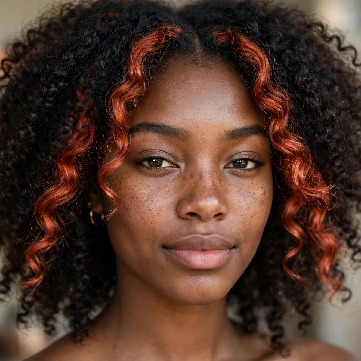 Copper red money piece highlights framing the face of a Black girl
