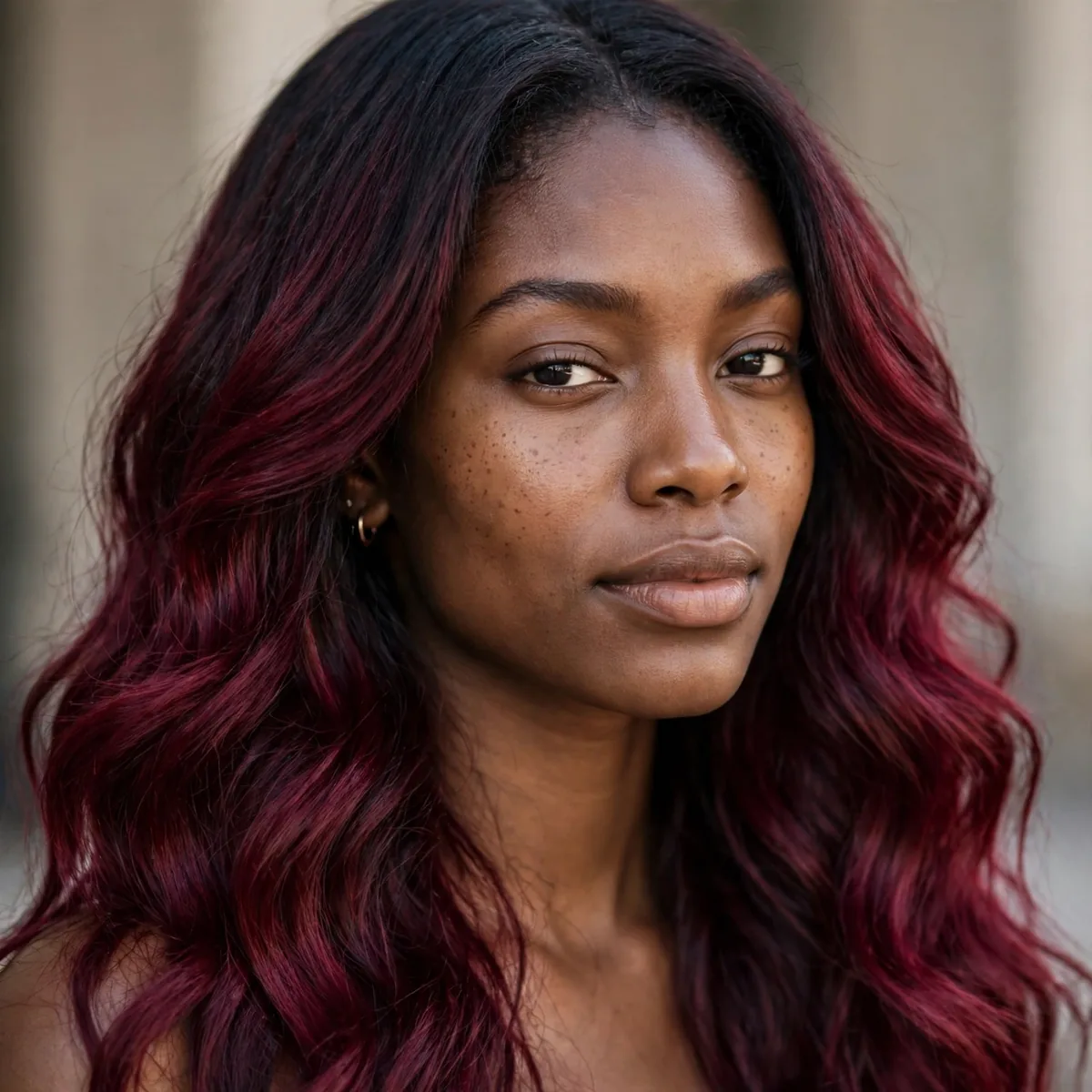 Deep wine red ombre on long dark hair worn by a Black girl