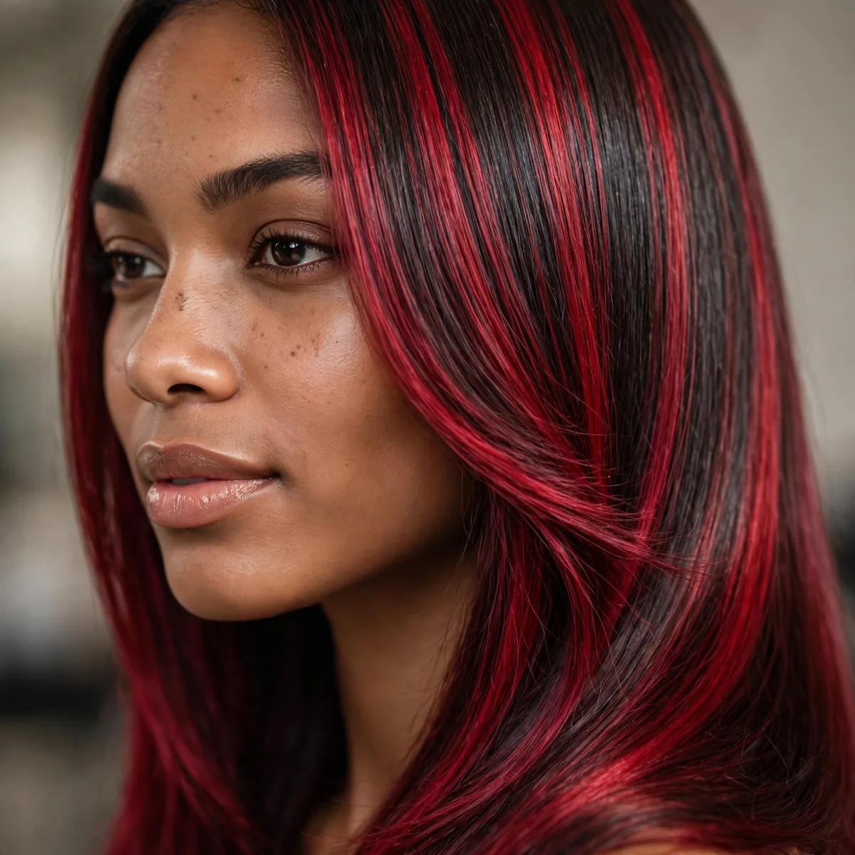 Silk pressed hair with crimson red highlights flowing smoothly