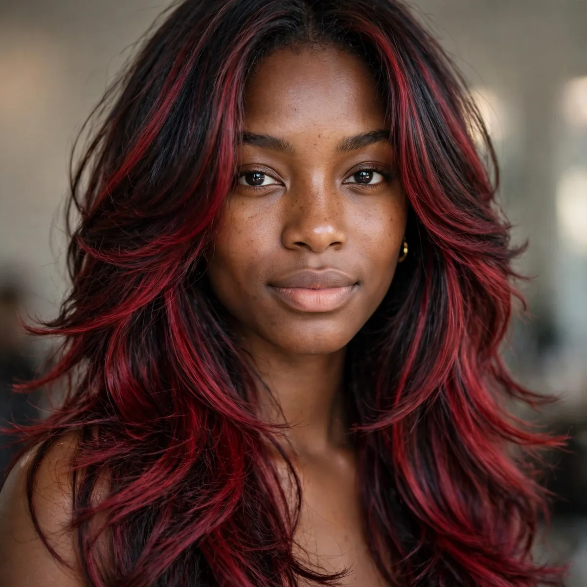 Long layered hair with ruby red balayage on a Black girl