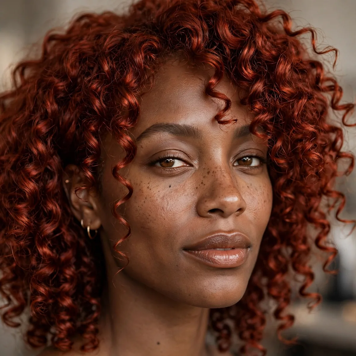 Defined natural curls with auburn red color on a Black girl