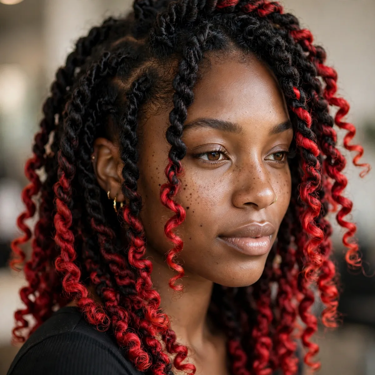 Passion twists hairstyle with red colored tips on a Black girl