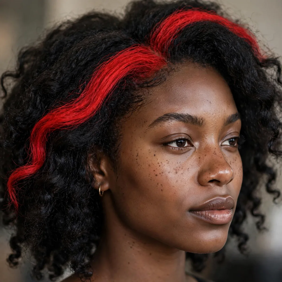 Bold bright red skunk stripe highlight on dark hair of a Black girl