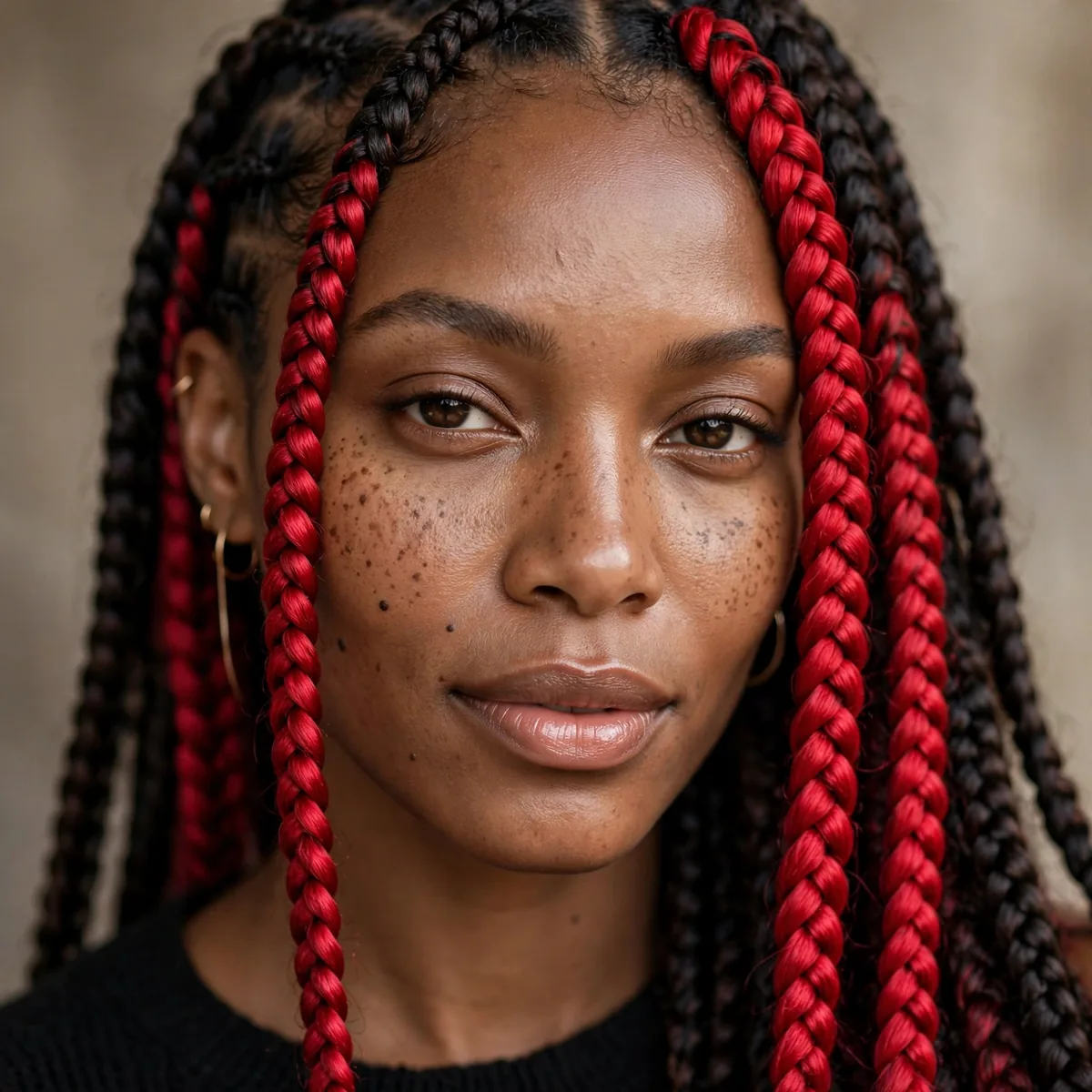 Knotless braids with crimson red money piece braids framing the face