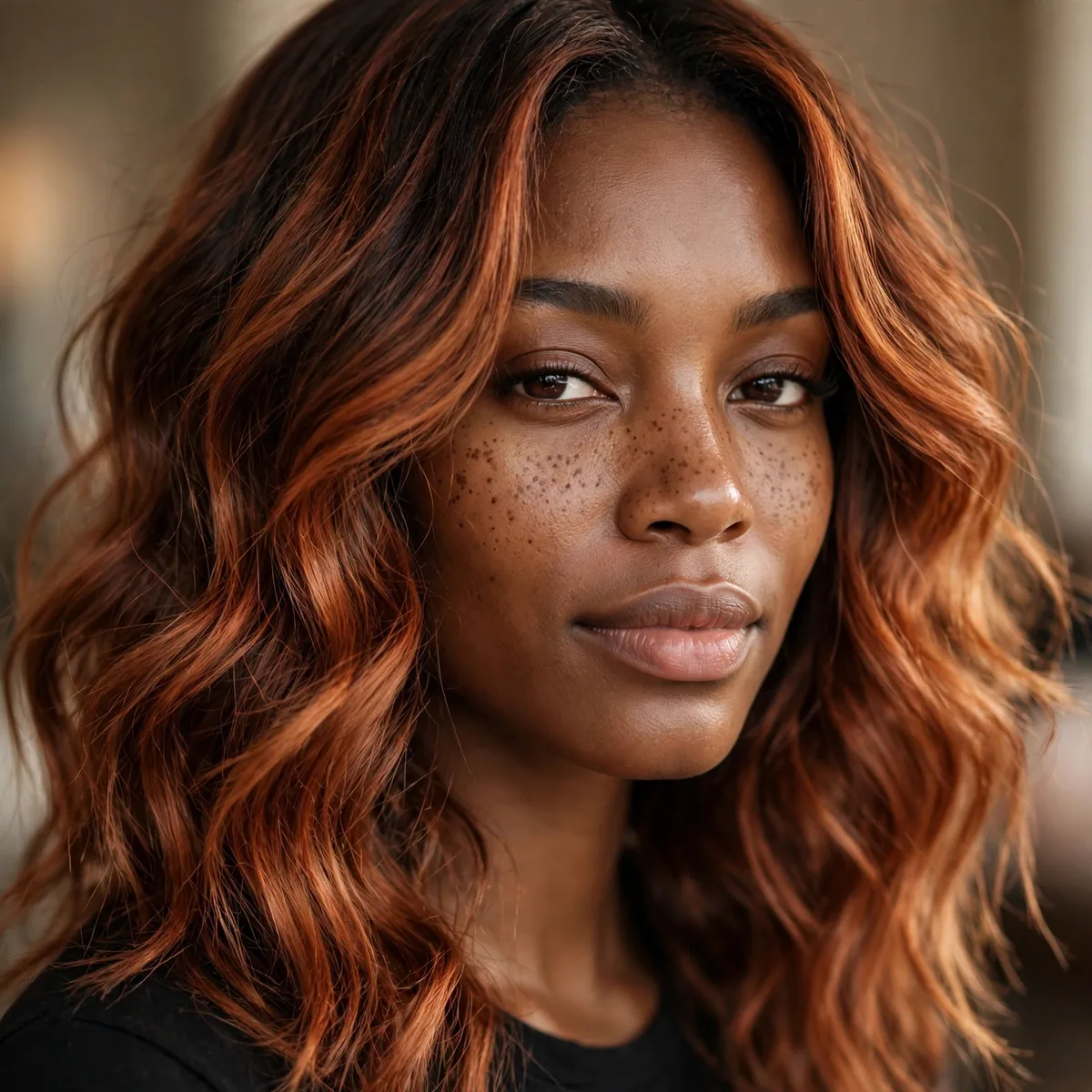 Warm copper red color melt on loose wavy hair of a Black girl