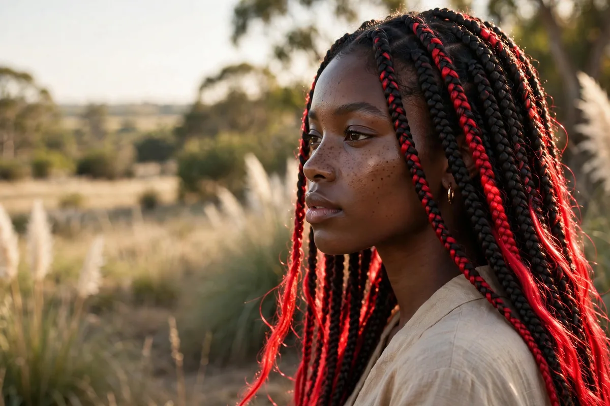 Black girl with long braids featuring vibrant red highlights glowing against her skin