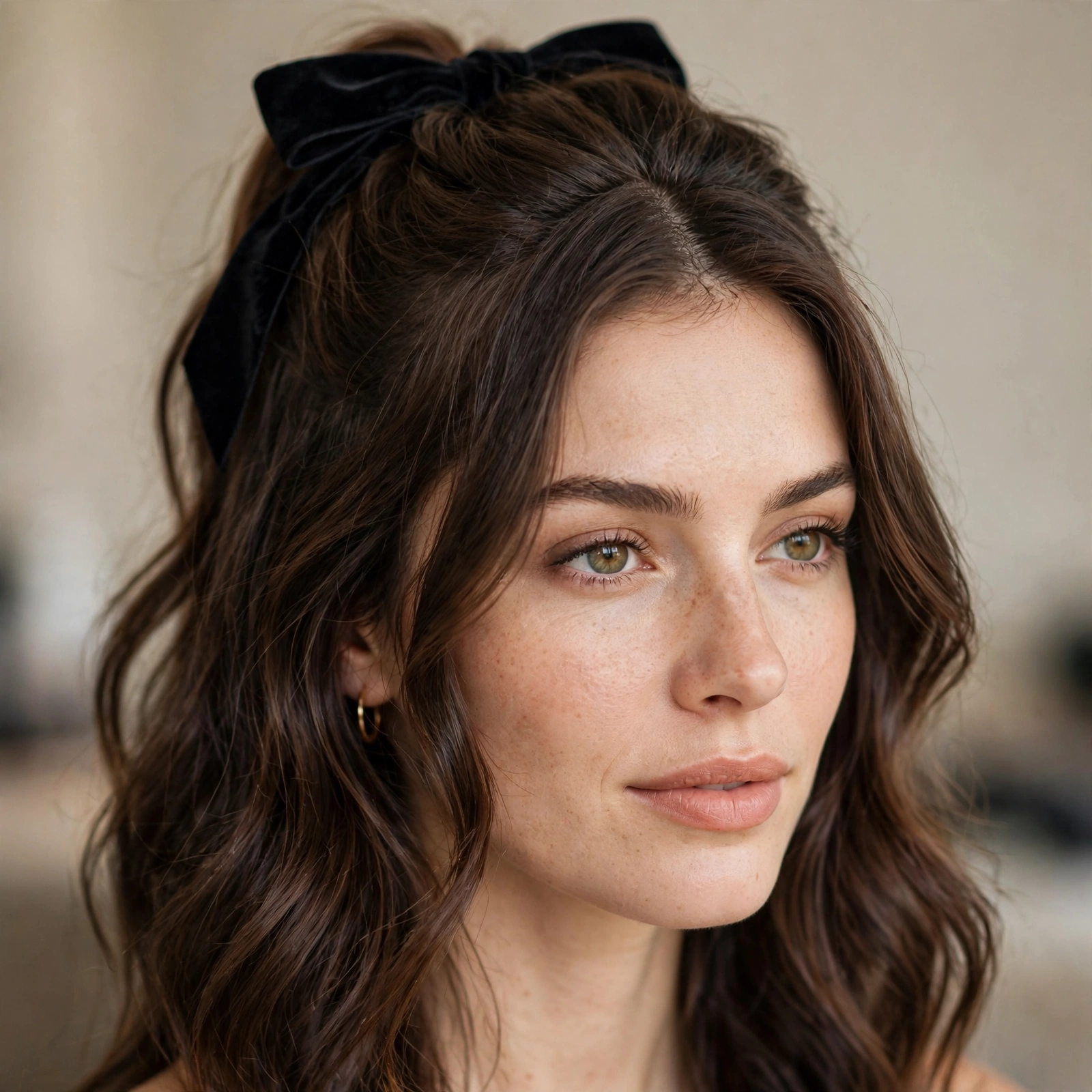 Half-up hairstyle finished with a velvet bow