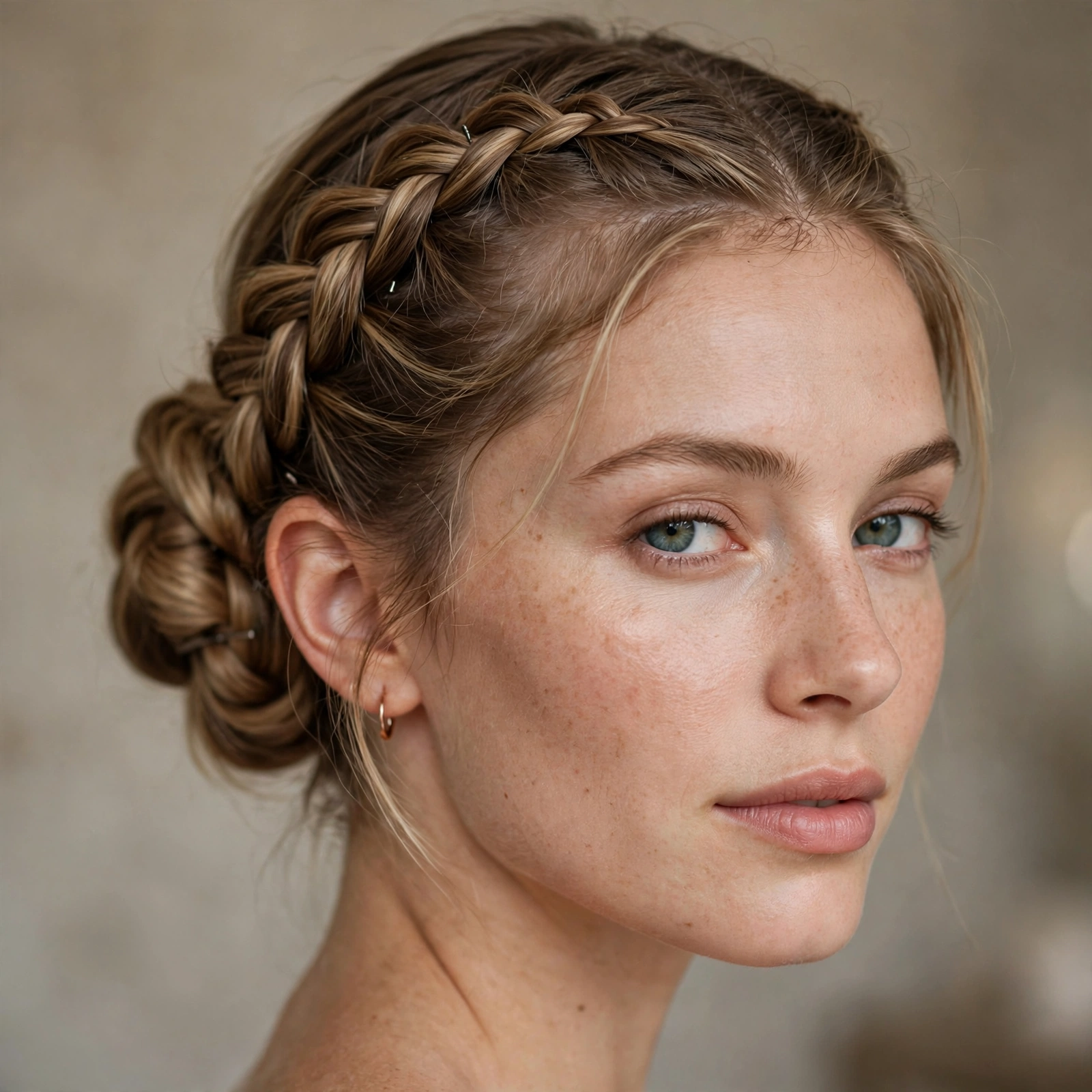 French braid pinned into a heatless updo