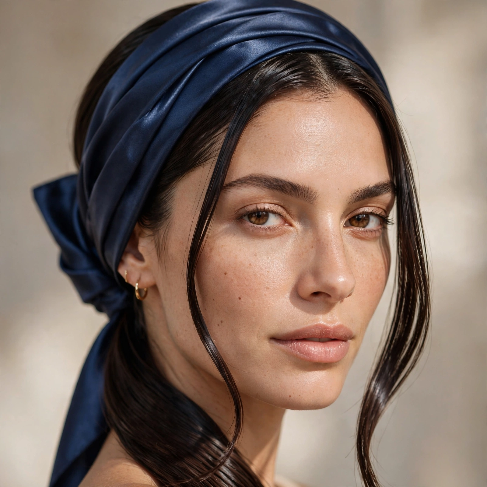 Sleek hair wrapped in a silk scarf
