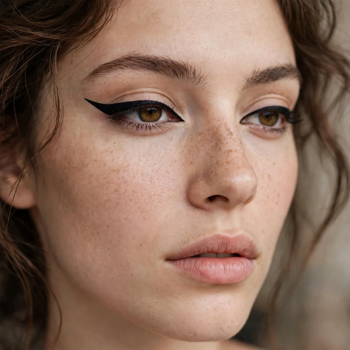 Woman with a stark black winged liner and otherwise bare fresh skin